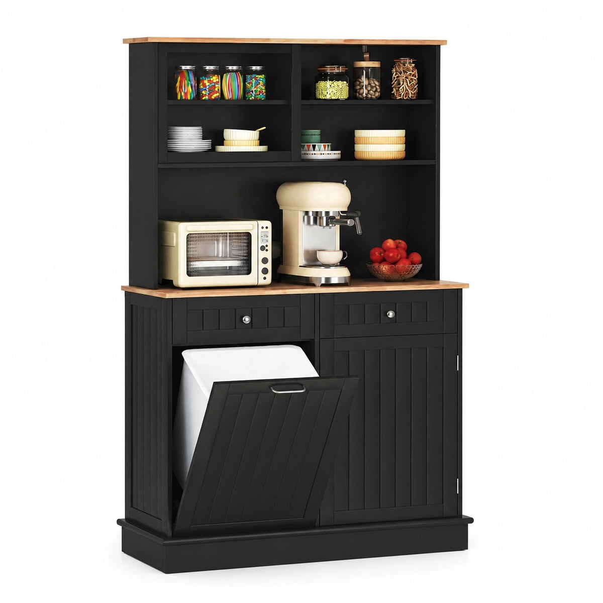 Küchenschrank – 100 × 34 × 172 cm, mit Schubladen, mit Ablagen, aus Holz, Schwarz, für Küche